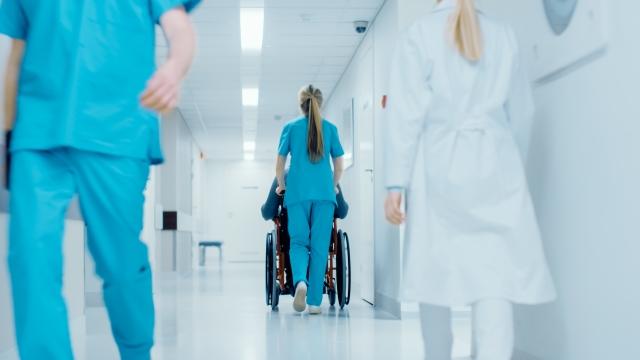 A doctor pushes a patient in a wheelchair